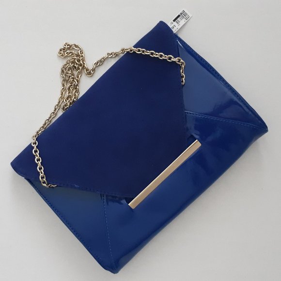 Aldo Handbags - ALDO Fabiank Blue Clutch Gold Chain Suede Fold